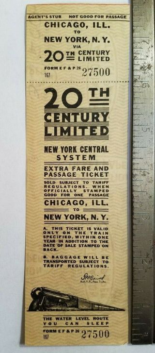 Vintage York Central Railroad Chicago & York 20th Century Limited Ticket