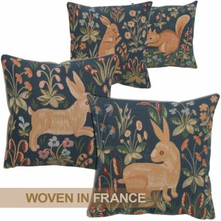 French Tapestry Throw Pillow Cover Rabbit Squirrel Medieval Dark Navy Blue Woven
