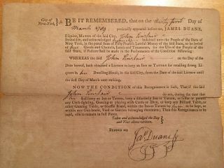 Rare License To Operate An Inn,  Nyc 1789,  Signed By James Duane,  Mayor