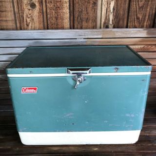 Vintage 1970s Coleman Large Metal Cooler Ice Chest Box Green W/ Bottle Openers