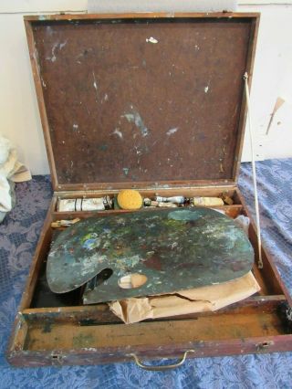 Vintage Artists Box With Supplies Paint Pallet Brushes Stencils 17 X 21