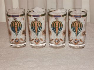 Set Of 4 Vintage Georges Briard Hot Air Balloon Highball Glasses Tumblers Gold