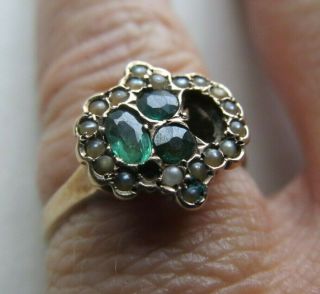 Antique Victorian 14k Gold Emerald Seed Pearls Ring 2.  0 Grams Size 5