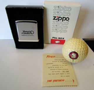Vintage Mutual Of Omaha Zippo Pill Box Golf Ball Salesman Sample Papers W/box