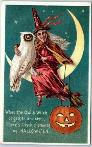 Vintage Halloween Postcard Red Witch W/ White Owl Crescent Moon Jol Series 876/i