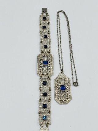Antique Art Deco Silver Tone Rhodium? Filigree Blue Glass Bracelet Necklace Set