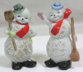 Vtg Christmas Rare Pair Porcelain Snowman Figurines Holding Brooms Japan Rare
