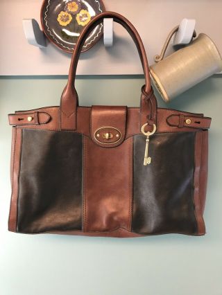 Fossil Weekender Tote Large Brown/black Leather Handbag Vintage Bag Two Tone Euc