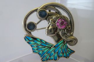 925 Silver With Natural Sapphire And Ruby Plique A Jour Art Nouveau Brooch