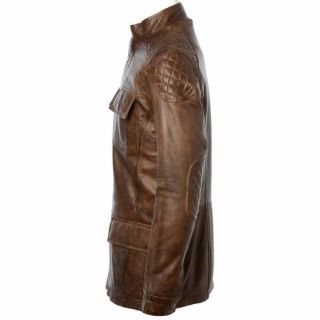 Men ' s Timber Black & Brown 3/4 Long Coat Leather Jacket Bomber Biker Cafe Racer 2