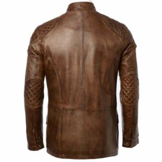 Men ' s Timber Black & Brown 3/4 Long Coat Leather Jacket Bomber Biker Cafe Racer 4