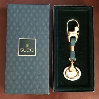 Vintage Gucci Green Leather / Brass / Silver Tone Horsebit Key Ring Holder Italy