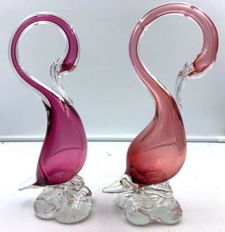 Murano Italy Venitian Hand Blown Art Glass Pink Bird 10 " Figurines Pair Vintage