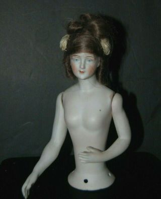 Antique 5 " Bisque German Half Doll Jointed Arms Nude Figurine Lovely Wig