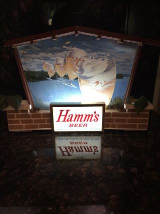 Vintage Lighted Hamm’s Beer Sign 5 Beer Goblets Over Lake Cabin Frame Nr