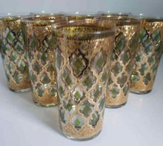 Set Vtg Mid Century Culver Valencia Highball Tumbler Glasswear Bar Set 22kt Gold