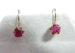 Vintage 14k Solid Rose Gold Russian Dangle Earrings W/ Synthetic Red Rubies
