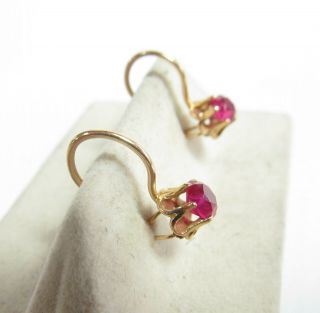VINTAGE 14K SOLID ROSE GOLD RUSSIAN DANGLE EARRINGS W/ SYNTHETIC RED RUBIES 3