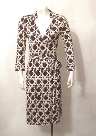 Dvf Diane Von Furstenberg Vintage Justin Brown Ivory Print Silk Wrap Dress Sz 4