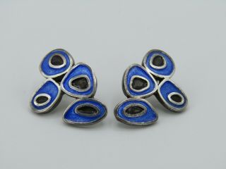 Vintage Artist Signed Sterling Silver Blue Enamel Modernist Stud Earrings