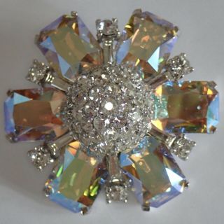 Vintage Jomaz Rhodium Plate Aurora Borealis Crystal Rhinestone Flower Brooch