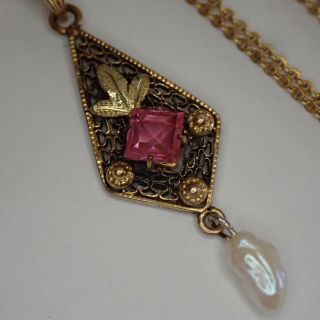 Antique Edwardian Gold Filled Filigree Ruby Paste Pearl Lavalier Necklace