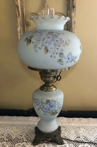 Vintage Hand Painted Satin Blue Glass Table Lamp