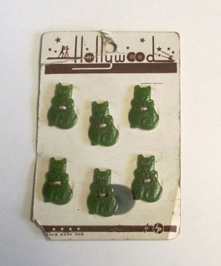 Cute Vintage Bakelite Hollywood Green Cat Buttons Set Of 6 On Card Nos