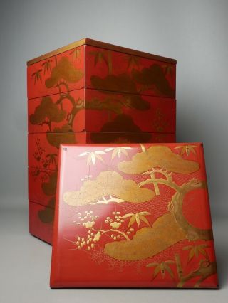 Japanese Vintage Lacquered Wood Lunch Box Bento Jubako Oju Gold Gilt 2 Lid