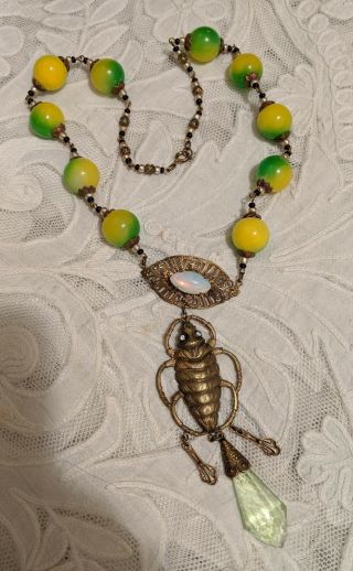 Czech Glass And Brass Necklace With Scarab And Some Painted Beads