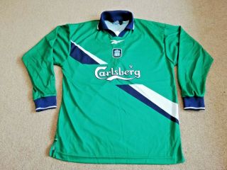 Vintage Reebok Liverpool Green Carlsberg Away Long Sleeve Shirt 99 - 00 Medium