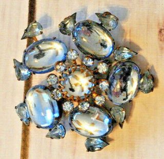 Vintage Antique Large Blue Glass Rhinestone Flower Brooch Floral Pin