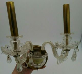 Pair Vintage French Brass & Glass Crystal Chandelier Double Wall Light Two Lamps