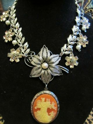 Vintage Oversize Cameo & Coro Leaf Statement Necklace - A Repurposed