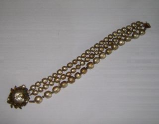 Vintage Miriam Haskell 3 - Strand Gold Tone Pearl Bracelet