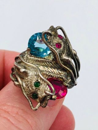 Antique Vtg Chinese Silver Dragons Bypass Ring W/ Multi Colored Stones Size 9.  25
