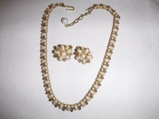 Signed Crown Trifari Necklace & Earring Set Faux Pearl And Gold - Tone Vintage