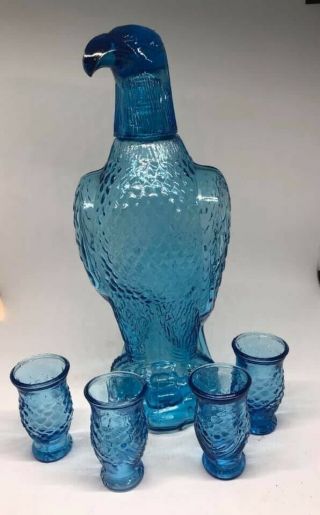 Vintage Aqua Blue Glass Eagle Genie Bottle Decanter And Shot Glasses