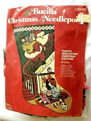 Bucilla Needlepoint Christmas Stocking Kit SANTA on BANISTER Kids Dog Vintag NOS 3
