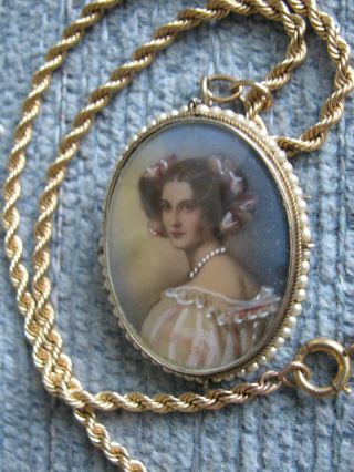 Vtg Cameo Auguste Strobl Transferware Painted 1.  5 " Tall 12k Gold Fill 14 " Chain