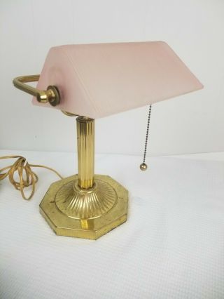 Vtg Brass Desk Table Piano Banker Office Lamp Pink Frosted Shade Pull Chain