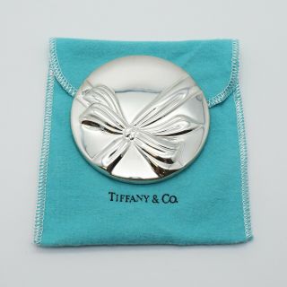 Vintage Tiffany & Co.  Silver Hand Held Purse Makeup Mirror Featuring Raised Bow