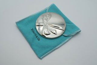 Vintage Tiffany & Co.  Silver Hand Held Purse Makeup Mirror Featuring Raised Bow 2