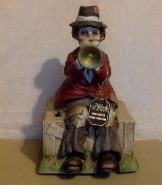 Vintage Moving Bisque Clown Music Box.  Melody In Motion.  Hand Painted.