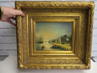 Vintage Old Painting Oil Harbour Sail Ships Signed