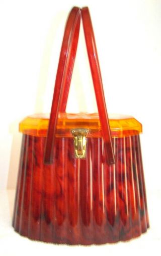 Vintage Lucite Tortoise Shell Box Purse W/carved Apple Juice Lid - Two Handles