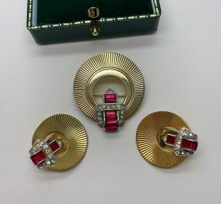 Vintage Jewellery Boucher Art Deco Red/clear Rhinestone Brooch/pin/earrings Set