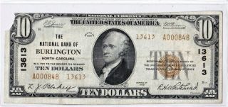 $10 1929 T@ National Burlington North Carolina Nc Extremely Rare ( (7 On Census))