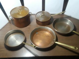 Vintage 7 Piece Set Of Copper Pans & Stock Pot W/ Lids - Brass Handles
