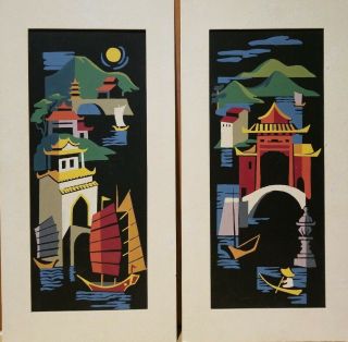 Vintage Set Of 2 Paint By Number Craft Master Oriental Black Magic Paintings